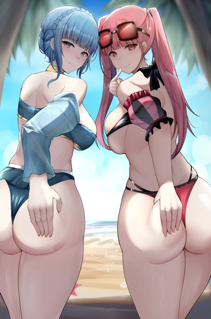 2girls alternate_costume ass back back_view beach bikini blue_bikini blue_hair blue_swimsuit breasts chiyo_(pk19981234) female fire_emblem fire_emblem:_three_houses fire_emblem_heroes from_behind hilda_valentine_goneril hilda_valentine_goneril_(summer) large_ass large_breasts light-skinned_female light_skin long_hair marianne_von_edmund marianne_von_edmund_(summer) medium_breasts nintendo ocean official_alternate_costume outdoors pink_bikini pink_eyes pink_hair pink_swimsuit red_bikini red_swimsuit swimsuit take_your_pick wide_hips