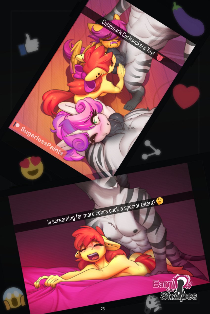 aged_up anthro apple_bloom_(mlp) breasts comic earth_pony emoji english_text equid equine feet female friendship_is_magic grey_body grey_fur hasbro horse male mammal my_little_pony nipples open_mouth orange_body orange_fur page_23 pegasus pink_hair pony purple_hair red_hair scootaloo_(mlp) sex striped_body striped_fur stripes sugarlesspaints sweetie_belle_(mlp) text unicorn white_body white_fur yellow_body yellow_fur zebra zebradom