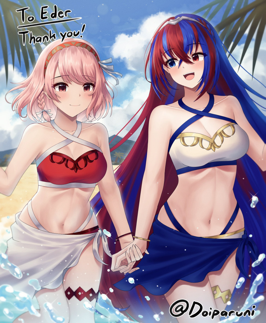 2girls alear_(female)_(fire_emblem) alear_(fire_emblem) alternate_costume artist_name beach bikini blue_eyes blue_hair blush braid breasts commission crossed_bangs doiparuni female female_only fire_emblem fire_emblem_engage hair_between_eyes hair_ornament hair_ribbon hairband heterochromia highres holding_hands lapis_(fire_emblem) light-skinned_female light_skin long_hair medium_breasts multicolored_hair multiple_girls navel nintendo open_mouth palm_tree partially_submerged pink_eyes pink_hair red_bikini red_eyes red_hair red_hairband red_swimsuit ribbon sand short_hair smile split-color_hair swimsuit tiara two-tone_hair two_tone_hair very_long_hair water watermark white_bikini white_ribbon white_swimsuit yuri