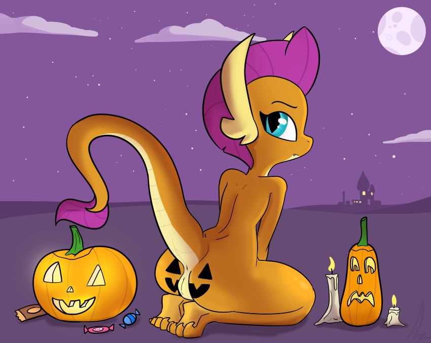 anthro anus ass blue_eyes candle candy dessert dragon dragon_girl food friendship_is_magic fruit genitals hair halloween hasbro holidays horn long_tail moon my_little_pony night orange_body orange_skin outside pumpkin purple_hair pussy smolder_(mlp) solo tail tjpones