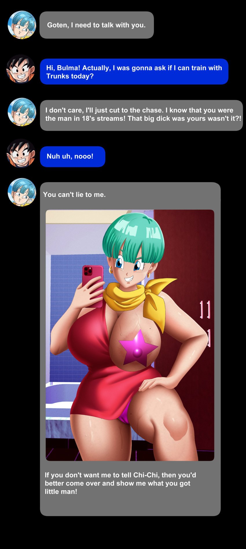 1boy 1girls areolae bathroom big_breasts black_hair blue_eyes blue_hair bulma_briefs doompypomp dragon_ball dragon_ball_super dragon_ball_z female large_breasts male milf nipple_bulge panties pasties phone scarf son_goten text text_focus text_message thick_thighs thighs wide_hips younger_male