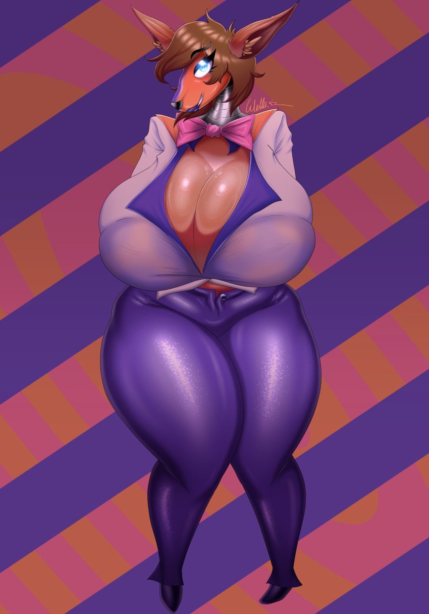 1girls animatronic anthro anthro_only blue_eyes bowtie female female_only five_nights_at_freddy's furry furry_only huge_breasts hyper hyper_breasts looking_at_viewer original_character purple_lipstick red_hair shiny_breasts shiny_skin smiling_at_viewer thick_thighs wollu yiff