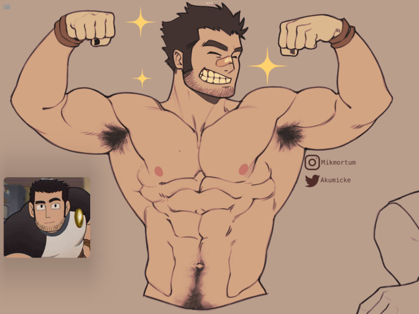 1boy 2023 akumicke armpit_hair bara bara_tits barazoku beard_stubble black_hair flexing_bicep gay hairy_male lucas_lee male male_focus male_nipples male_only male_pubic_hair manly muscular_male nipples scott_pilgrim solo solo_male