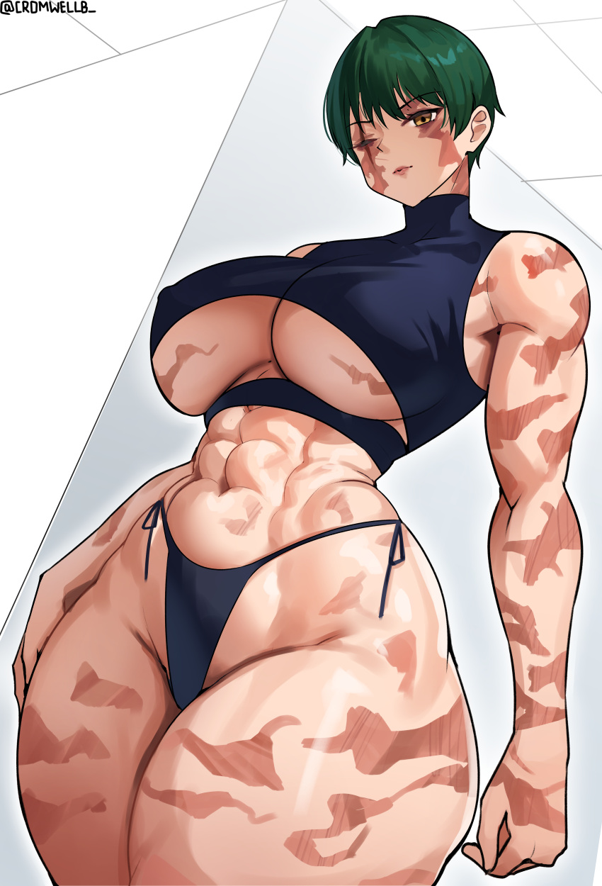 1girls abs absurd_res bare_shoulders big_breasts breasts cromwellb female female_focus female_only green_hair hi_res huge_breasts jujutsu_kaisen large_breasts light-skinned_female light_skin muscular muscular_female scar scar_across_eye short_hair solo solo_female solo_focus thick_thighs thighs_together thunder_thighs underboob very_short_hair wide_hips zenin_maki