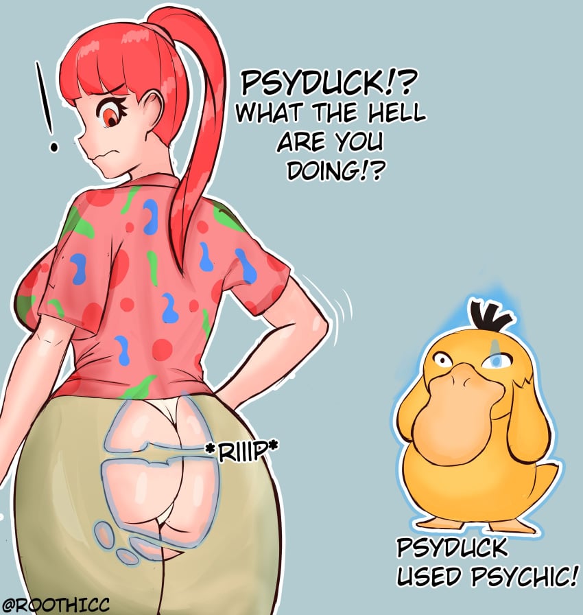 1girls ass big_ass clothes_removed clothes_ripped dialogue embarrassed english_text female haru_(pokemon_concierge) netflix nintendo panties pokemon pokemon_(species) pokemon_concierge ponytail psyduck red_hair ripped_clothes ripped_clothing roothicc surprised text undertale underwear white_panties