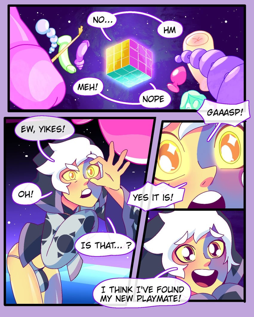 blue_skin comic definetelyyuu dildo disney femboy fleshlight iamyuu loincloth plug_(sex_toy) space text text_bubble the_collector_(the_owl_house) the_owl_house twink white_hair yellow_eyes yellow_skin yuunsfw