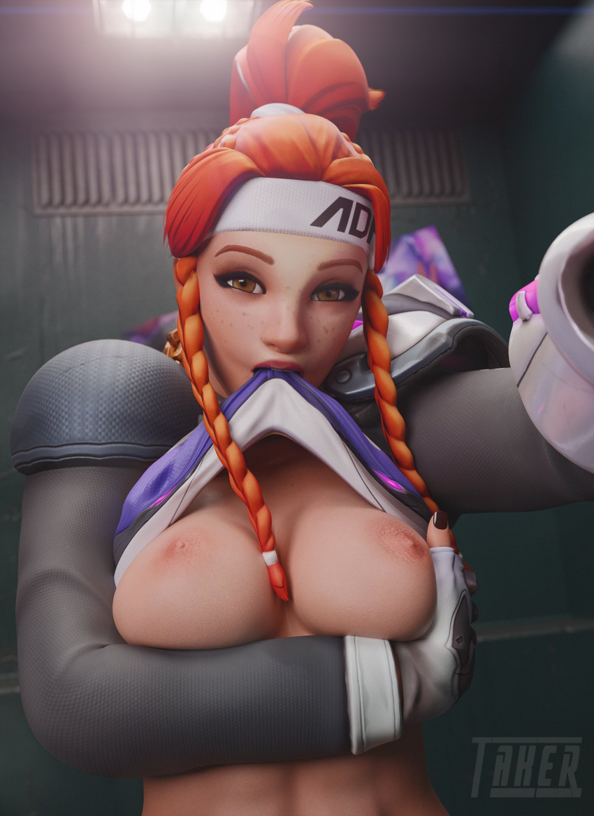 1girls 3d antifragile_bb athletic athletic_female big_breasts braid braided_hair breasts breasts_out brigitte female female_focus female_only fit fit_female freckles freckles_on_face le_sserafim lifting_breasts long_hair looking_at_viewer nipples orange_hair overwatch overwatch_2 pulling_up_shirt selfie shirt_in_mouth shirt_lift solo solo_female solo_focus takerskiy tits_out