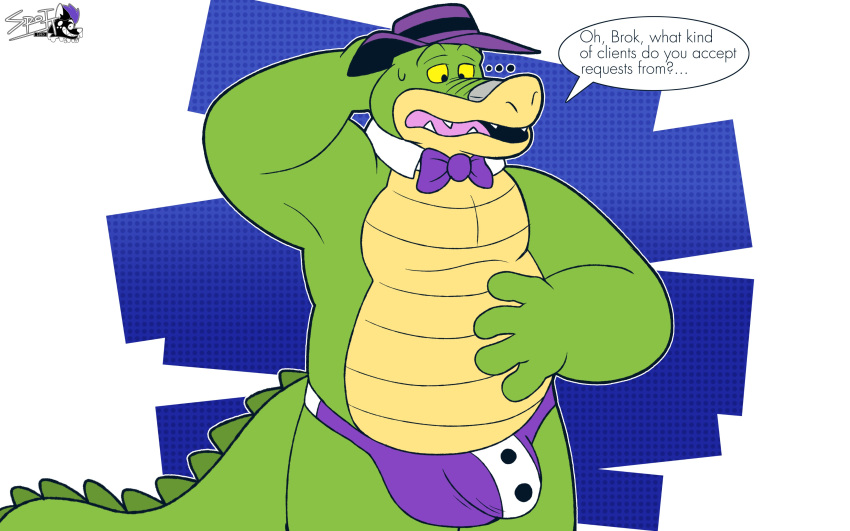 2023 4_fingers absurd_res alligator alligatorid anthro bow_tie brok_(brok_the_investigator) brok_the_investigator bulge clothing crocodilian dialogue english_text fingers green_body hat headgear headwear hi_res humanoid_hands male reptile scalie simple_background slightly_chubby solo text underwear zkrinaceinae