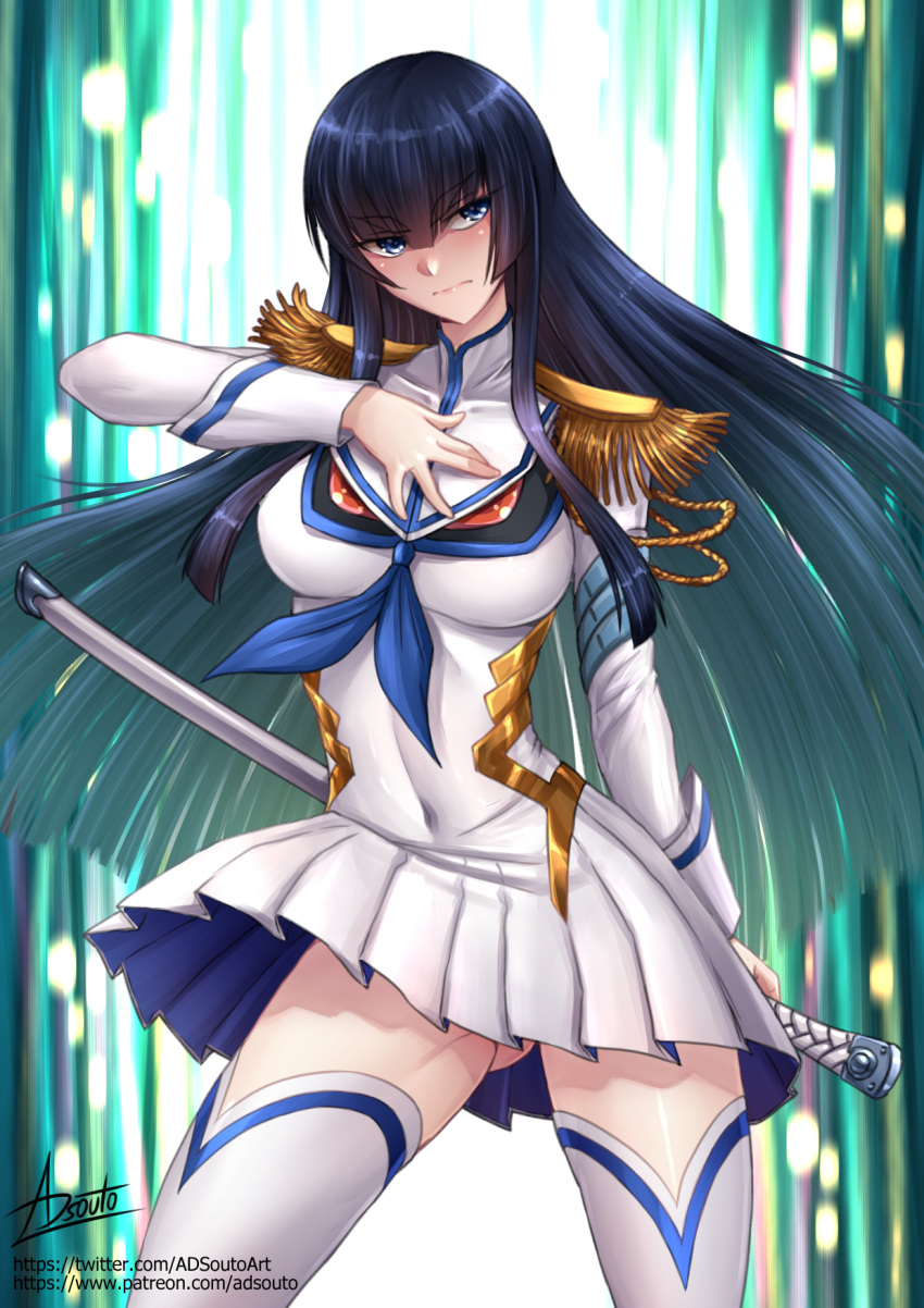 adsouto black_hair blue_eyes breasts collarbone covered_navel epaulettes female female_only fringe_trim fully_clothed hand_on_own_chest highres holding holding_sword holding_weapon junketsu kill_la_kill kiryuuin_satsuki long_hair medium_breasts navel sheath sheathed signature solo standing stockings sword thighhighs very_long_hair weapon