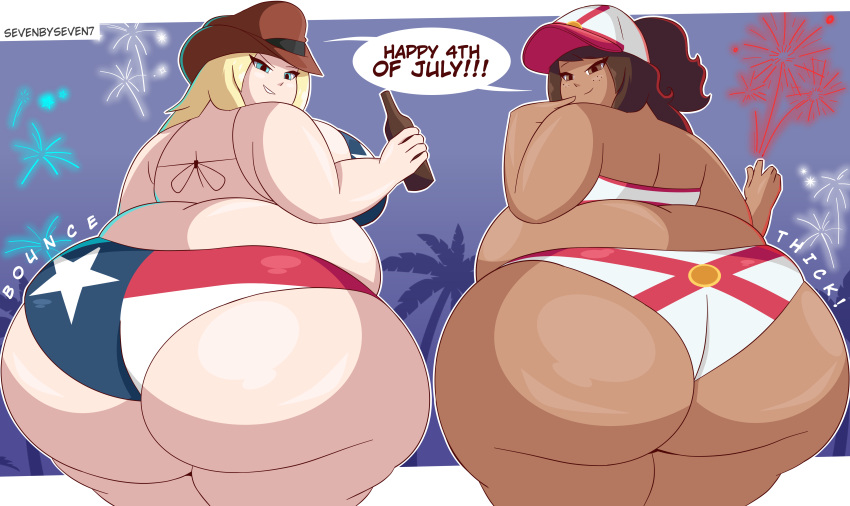 2023 2girls 4th_of_july absurd_res ass bbw belly bikini blonde_hair blue_eyes breasts brown_eyes brown_hair chubby chubby_female curvaceous curvy dark-skinned_female dark_skin duo duo_focus english english_text female_focus female_only florida_bikini florida_flag hips huge_ass huge_breasts huge_thighs looking_at_viewer looking_back matching_hair/eyes overweight overweight_female plump sevenbyseven7 speech_bubble swimsuit texas_flag text thick_thighs thighs voluptuous wide_hips