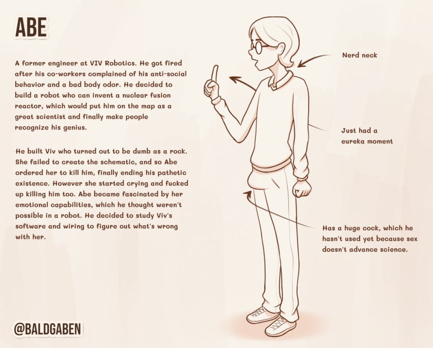 1boy baldgaben bulge character_profile character_sheet collar glasses male_only penis_bulge scientist standing story sweater text