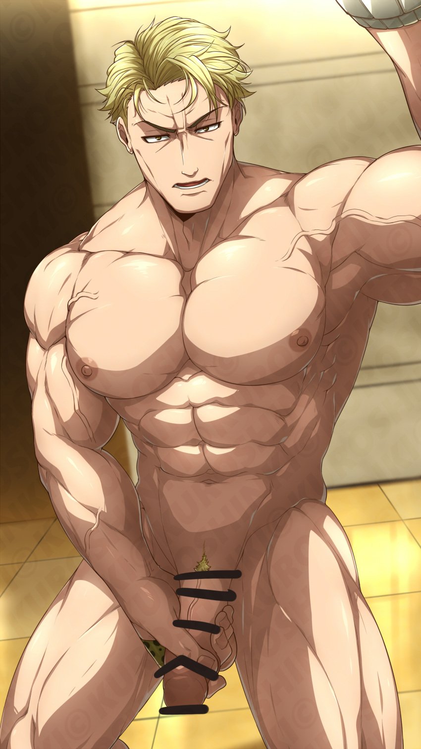 1boy abs absurdres bara blonde_hair completely_nude erection hair_ornament hairclip highres jujutsu_kaisen kento_nanami kuroshinki large_pectorals male male_focus male_masturbation male_only masturbation muscular muscular_male nanami_kento navel nipples nude paid_reward_available pants pectorals penis short_hair solo