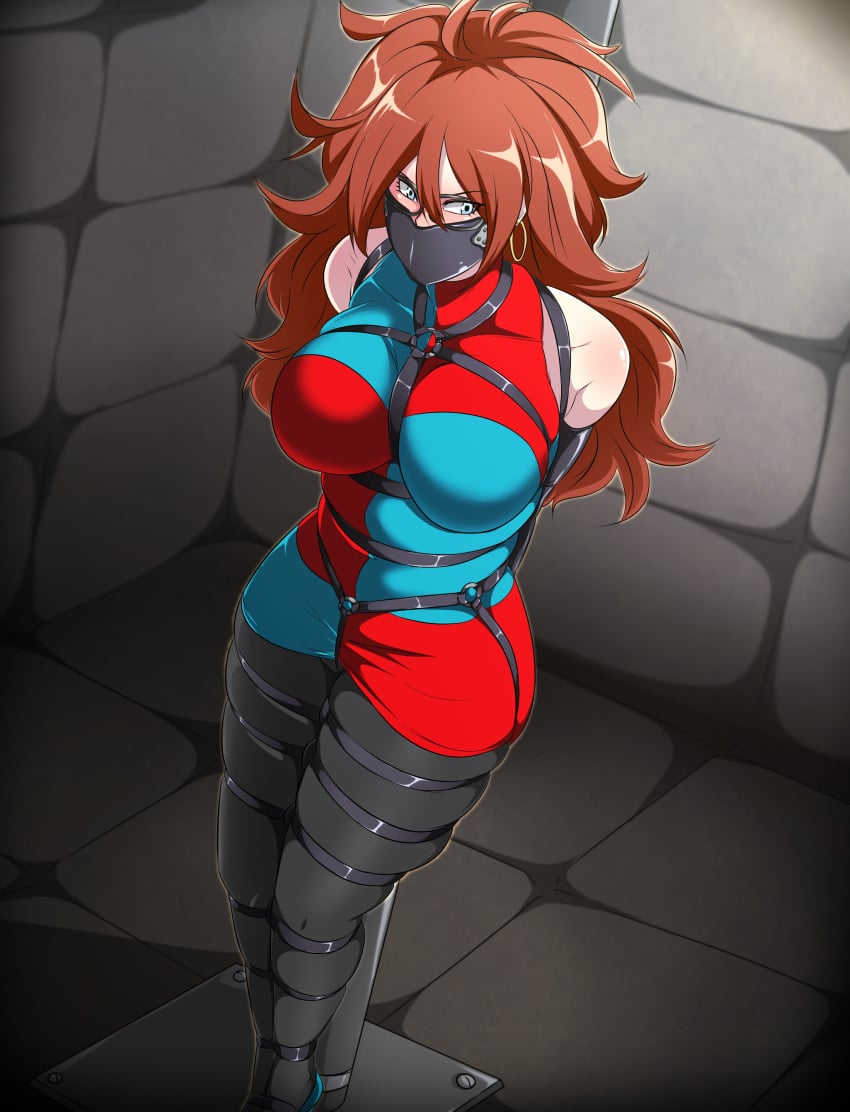 1girls android_21 armbinder black_pantyhose blue_dress blue_eyes bondage breasts brown_hair dragon_ball dragon_ball_fighterz dress earrings gag gagged hair_between_eyes hoop_earrings large_breasts long_hair looking_to_the_side multicolored_dress padded_room panel_gag pantyhose red_dress ryner-e skindentation sleeveless sleeveless_dress solo straitjacket two_tone_dress