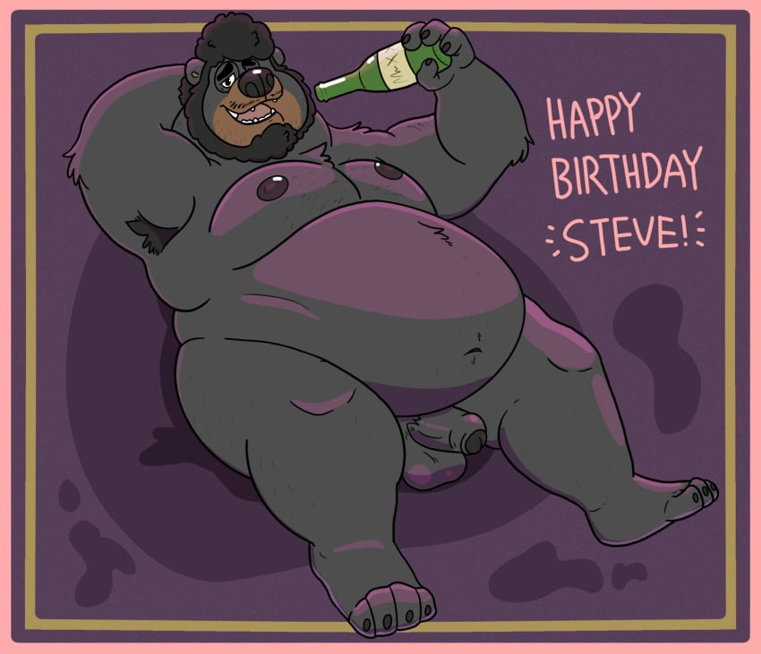 anthro balls bear beard beer_bottle black_bear bottle chubby_anthro chubby_belly chubby_male container eyewear facial_hair genitals glasses hi_res male mammal moobs nipples nude penis smile smiling_at_viewer solo steve_jovonovich unknown_artist ursine