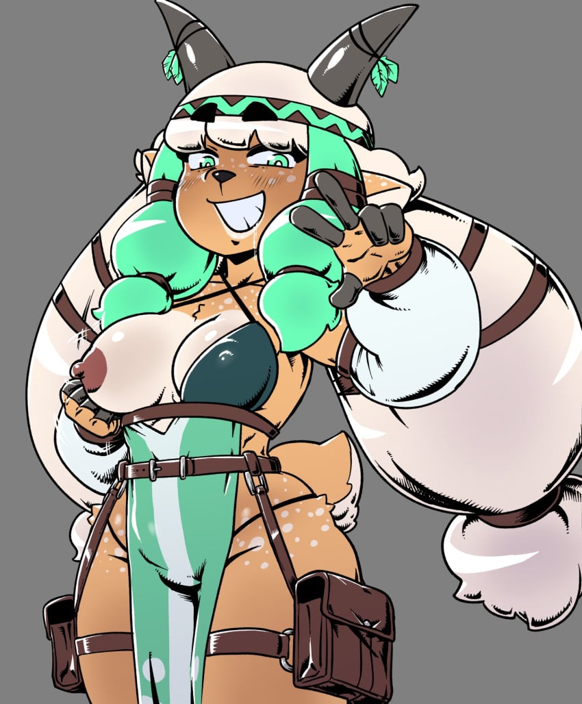 accessory anthro areola armwear bra breasts brown_body brown_fur clothing deer eden_(tactics_cafe) female fur gesture green_hair hair headband hi_res hip_bag horn looking_at_viewer mammal nipples noahdoesart presenting presenting_breasts pulling_bra smile solo straps underwear v_sign wide_hips