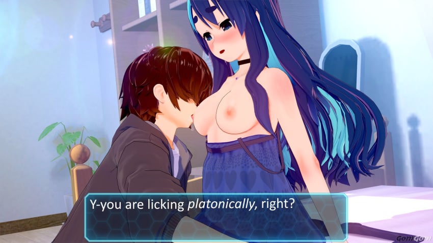 1boy 1girls 3d 3d_(artwork) 3d_model artist_name bear bear_ears bear_girl bed bed_sheet bedroom blue_clothing blue_eyes blue_hair breasts female fujikura_uruka gomgom hair inside licking licking_nipples light-skinned_female light_skin long_hair male medium_breasts neckwear on_bed phase_connect phaseorigins pink_nipples plant potted_plant sheets straight straight_sex talking text text_box topless virtual_youtuber vtuber