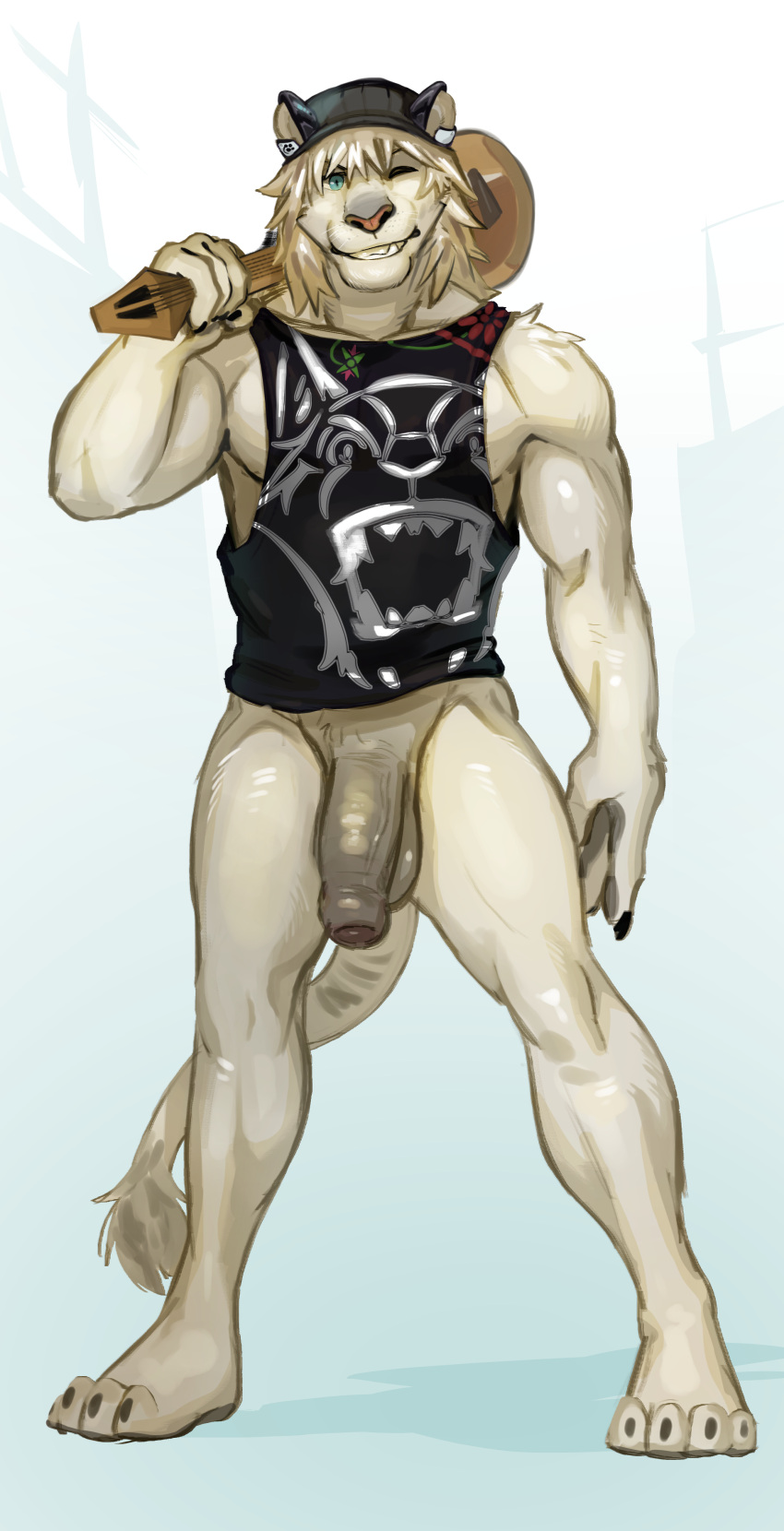 2020 absurd_res animal_print anthro athletic athletic_male balls biceps blue_eyes bottomless claws clothed clothing dangpa darkened_balls darkened_genitalia darkened_penis felid flaccid foreskin front_view full-length_portrait furgonomic_headwear furgonomics genitals gradient_background grin hair hat headgear headwear hi_res holding_guitar humanoid_genitalia humanoid_penis lion looking_at_viewer male mammal one_eye_closed pantherine partially_retracted_foreskin pecs penis pink_nose portrait pose pupils reymundo_(sleepylp) shirt simple_background slit_pupils smile solo standing tail tail_tuft tank_top topwear tuft v-cut whiskers white_hair wink winking_at_viewer