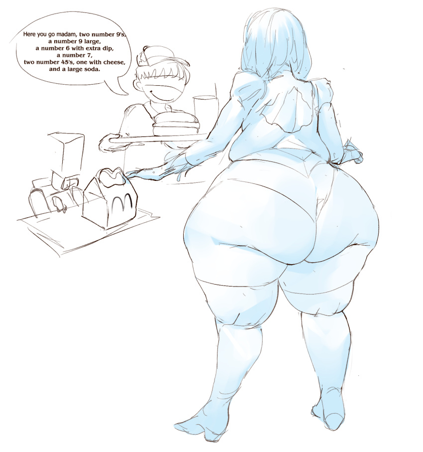 1boy 1girls ass bamboo_ale bbw big_ass big_smoke_order blindfold bottom_heavy chubby english_text fat fat_ass female food huge_ass light-skinned_female light-skinned_male light_skin male meme monochrome nier nier:_automata overweight rear_view short_hair sketch text thick_thighs thighhighs white_hair yorha_2b yorha_9s