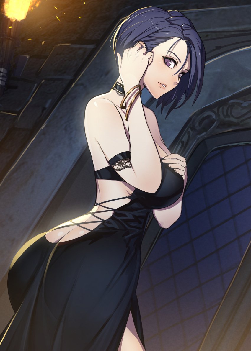 1girls absurdres adjusting_hair alternate_costume ass ass_focus asymmetrical_hair back backless_dress backless_outfit bare_back bare_shoulders blue_hair blush breasts butt_crack choker cleavage dress female female_only fire_emblem fire_emblem:_three_houses from_behind hand_on_own_chest hide_(hideout) highres large_ass large_breasts looking_at_viewer looking_back nintendo purple_eyes shamir_nevrand short_hair sideboob smile solo