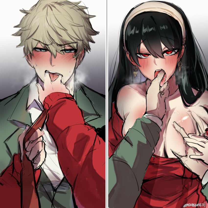 1boy 1girls aroused black_hair blonde_hair blue_eyes blush both_sexes_in_same_situation breast_grab drooling earrings finger_in_mouth finger_on_tongue finger_to_mouth grabbing_tie groping groping_breasts jewelry kurenaiz1 loid_forger long_hair married_couple one_breast_out oral_fixation red_eyes spy_x_family steam suit tongue tongue_out yor_briar yor_forger