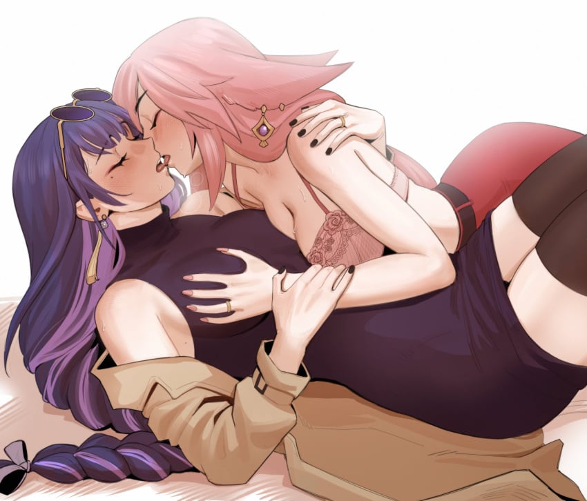 286456006 2girls absurdres animal_ears bare_shoulders belt blush breasts closed_eyes closed_mouth dress earrings genshin_impact grabbing grabbing_another's_breast highres hug jewelry kissing large_breasts lesbian_kiss long_hair lying multiple_girls nail_polish pants pink_hair purple_hair raiden_shogun red_pants ring round_eyewear simple_background sleeveless sleeveless_dress sweat thighhighs tongue yae_miko yuri