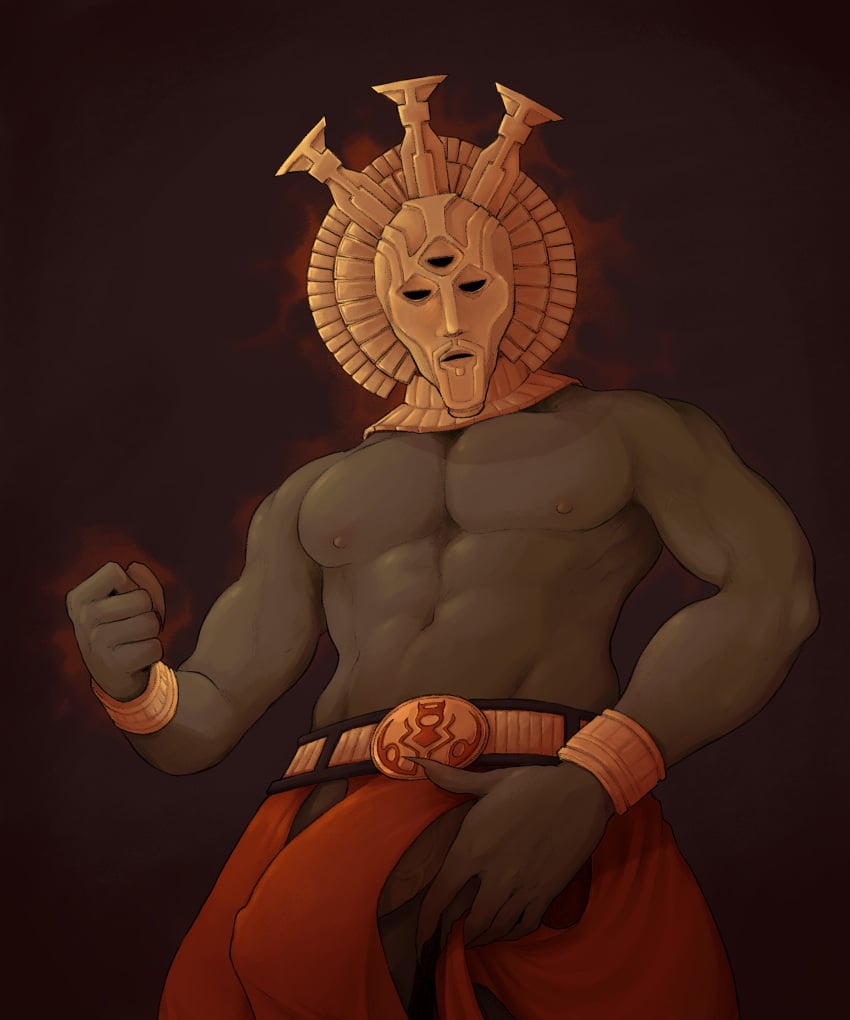 1boy abs dagoth_ur erection erection_under_clothes gray_skin long_nails looking_at_viewer male male_nipples male_only masked masked_male morrowind muscular partially_clothed pecs penis_peek simple_background sludge666 solo_male the_elder_scrolls