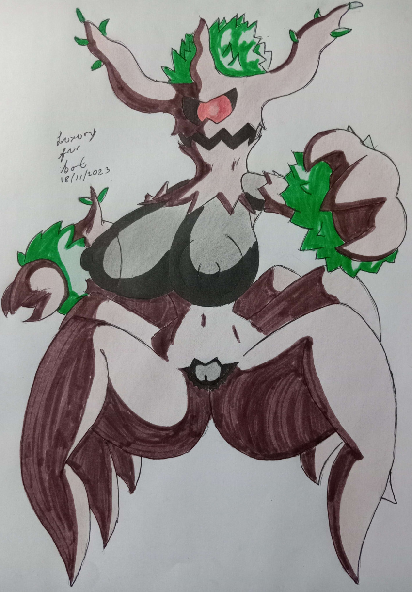 1_eye 3_fingers absurd_res anthro big_breasts breasts elemental_creature female fingers flora_fauna generation_6_pokemon hi_res luxury_furart multi_leg multi_limb nintendo plant pokemon pokemon_(species) solo traditional_media_(artwork) trevenant