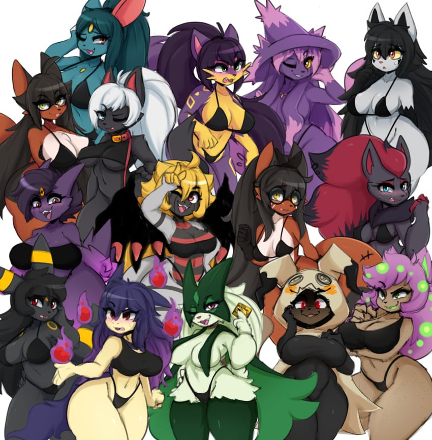 anthro big_breasts black_body black_fur black_hair blonde_hair blue_hair bra breasts brown_body brown_fur cape clothing darkrai eeveelution eyewear female fur generation_1_pokemon generation_2_pokemon generation_3_pokemon generation_4_pokemon generation_5_pokemon generation_7_pokemon generation_8_pokemon generation_9_pokemon gengar ghost giratina glasses green_body green_eyes green_fur green_hair grey_body grey_fur hair hat hisuian_typhlosion i_am_kat95 legendary_pokemon liepard long_hair mask mega_gengar meowscarada mightyena mimikyu mismagius nickit nintendo open_mouth open_smile panties pink_eyes pokemon pokemon_(species) pokemon_sv ponytail purple_body purple_fur purple_hair red_body red_eyes red_fur red_hair regional_form sneasel spirit spiritomb sweat sweatdrop tan_body tan_fur thick_thighs thievul typhlosion umbreon underwear white_body white_fur wide_hips yellow_eyes zoroark