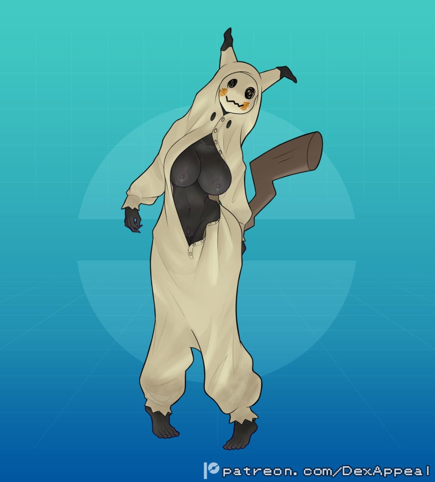 barefoot big_breasts black_skin breasts_out dark_skin dex_appeal disguise female full_body ghost ghost_girl kigurumi mimikyu nintendo nipples partially_clothed partially_clothed_female partially_nude pokemon pokemon_(species) pokemorph pubic_hair pubic_tuft pussy standing