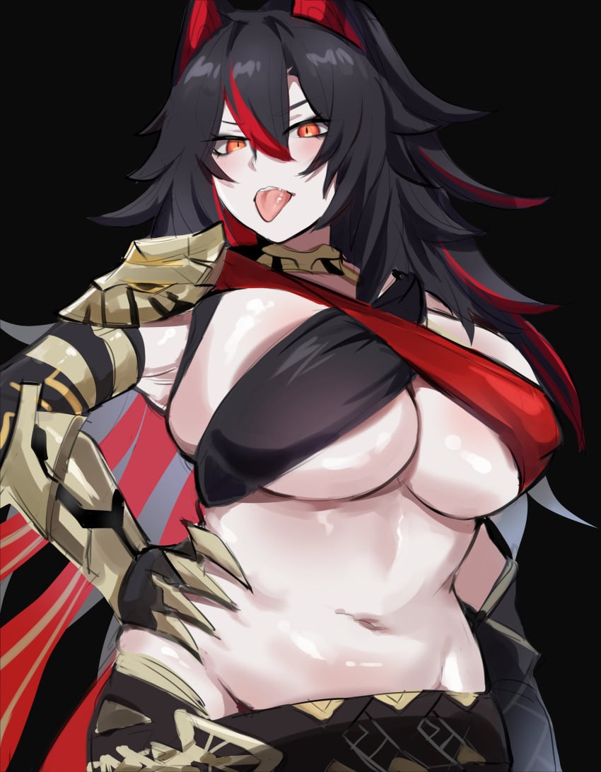 1girls black_hair breasts cat_ears chubby cleavage cosplay crossover dehya_(genshin_impact)_(cosplay) female_only female_solo genshin_impact gloves huge_breasts k_(kurenaiz) kurenaiz1 long_hair looking_at_viewer midriff multicolored_hair original red_eyes red_hair sling_bikini_top solo sweaty tongue tongue_out two-tone_hair underboob