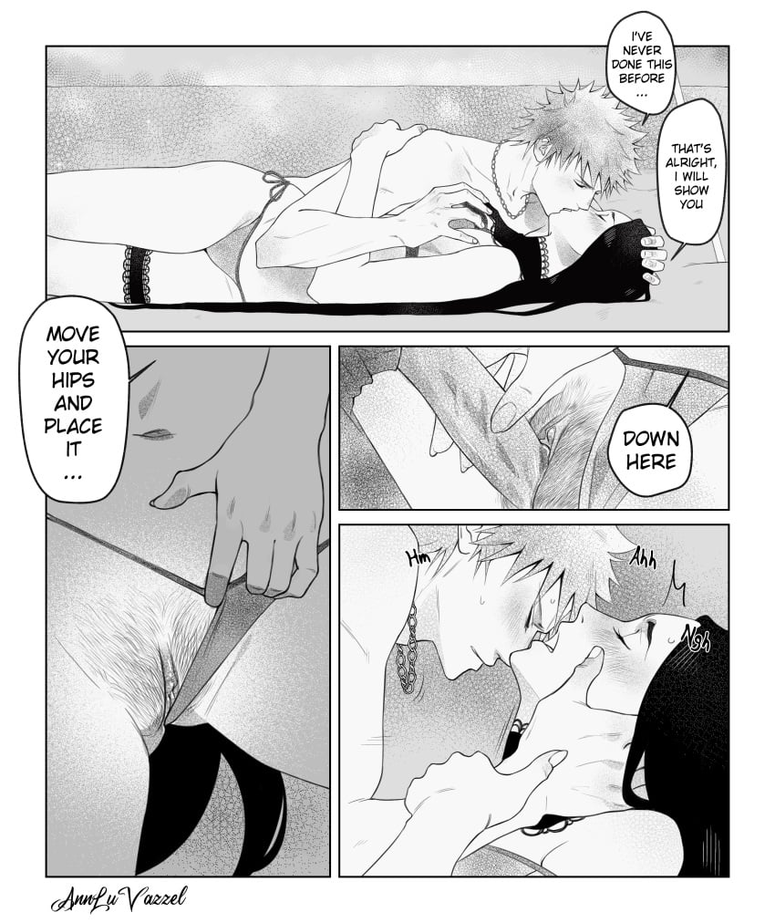 annluvazzel beach beach_sex bikini black_and_white black_hair bleach bleach_brave_souls comic_page commission guided_penetration hand_on_breast human human_only ichigo_kurosaki kissing long_hair milf missionary_position moaning_in_pleasure necklace older_woman_and_younger_boy orange_hair panties_aside pubic_hair sand shinigami umbrella unohana_retsu virginity_loss wholesome_sex