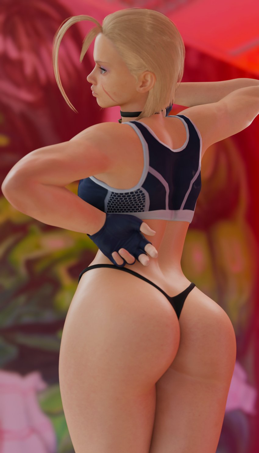 3d 3d_(artwork) ass black_choker blender blonde_hair cammy_white capcom choker fingerless_gloves gloves hetero highres image lulux lynya self_upload short_hair solo street_fighter street_fighter_6 zina1chan