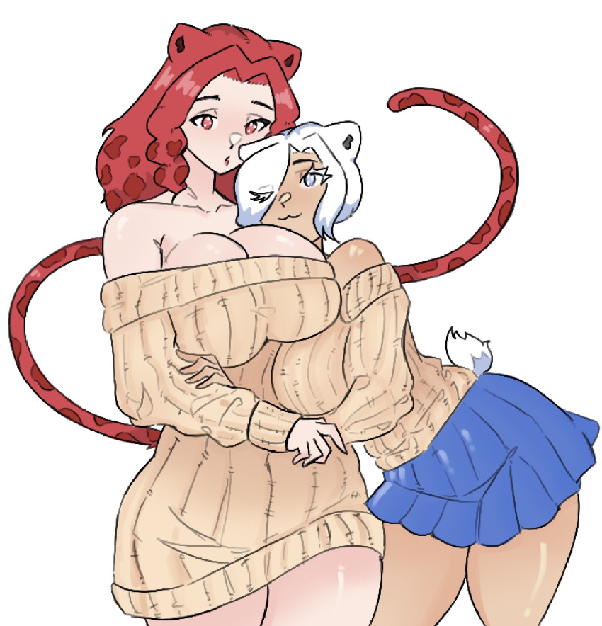 2girls bagelfree bear_ears bear_girl blue_eyes huge_breasts hugging keo(bagelfree) kiera(bagelfree) milf red_eyes red_hair sfw skirt white_hair yuri