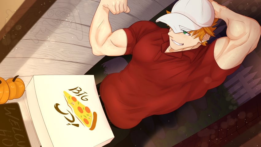 1male arms_up eeee_san gay green_eyes male muscles no_visible_genitalia orange_hair pizza_box pizza_delivery red_shirt showing_off smiling yaoi