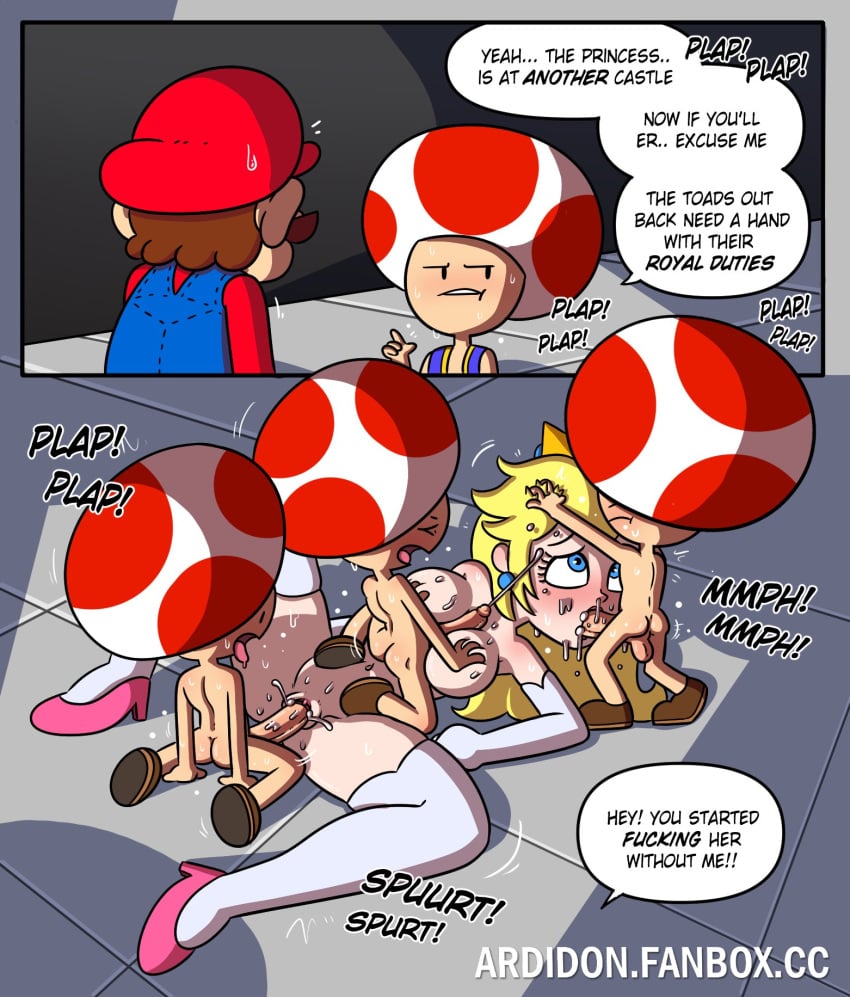 1female 1girls 2koma 5boys ardidon arm_stockings backsack blonde_female blonde_hair blonde_hair_female blowjob blue_eyes breasts comic cuckold cum cum_in_mouth cum_in_pussy cum_on_thighs cum_on_tits dialogue_box english_dialogue english_text fellatio female foursome gangbang heels indoors male mario mario_(series) multiple_boys onomatopoeia paizuri princess_peach pussy sound_effects speech_bubble stockings sucking_penis super_mario_bros. tagme text titjob toad_(mario) vaginal_penetration vaginal_sex