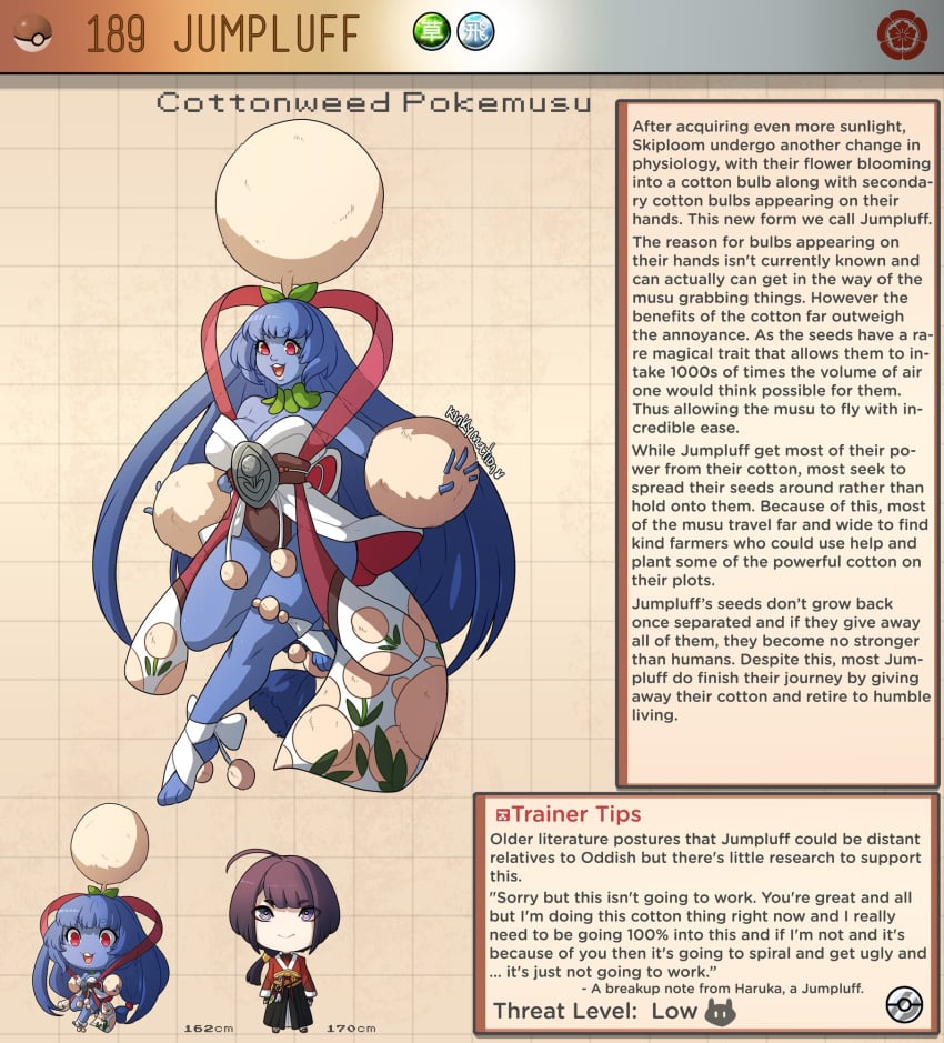 1boy 1girls 2023 :3 blue_body blue_hair breasts cleavage creature_index duo english_text female female_focus front_view japanese_clothes jumpluff kinkymation open_mouth page_189 page_number plant_girl pokémon_(species) pokemon pokemusu pokephilia red_eyes signature standing text_box