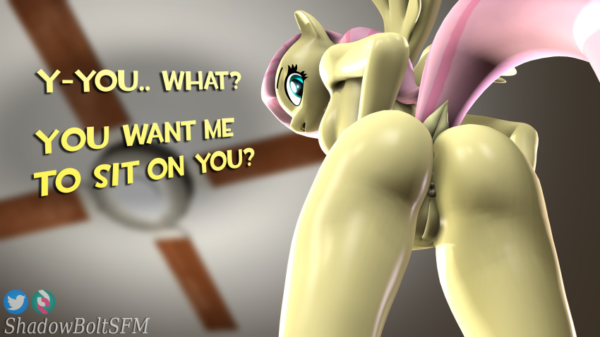 3d_(artwork) absurd_res anthro anus ceiling_fan dialogue digital_media_(artwork) electric_fan english_text equid equine female fluttershy_(mlp) friendship_is_magic genitals hasbro hi_res looking_at_viewer mammal my_little_pony nude pegasus pussy shadowboltsfm solo talking_to_viewer text wings