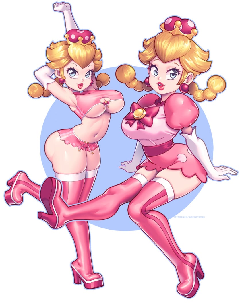 1girls ass barely_clothed big_ass big_breasts big_butt big_thighs blonde_hair boob_window boots breasts brooch butt clothed crown curvy earrings elbow_gloves female female_only full_body gloves grey_eyes hands_behind_head heeled_boots light-skinned_female light_skin lips lipstick looking_at_viewer mario_(series) mario_kart multiple_images new_super_mario_bros._u_deluxe nintendo no_bra open_mouth pale-skinned_female pale_skin peachette pigtails pink_boots pink_lipstick puffy_sleeves racing_uniform shorts sideboob simple_background solo super_crown supersatanson thighhigh_boots thighs toadette underass underboob white_gloves