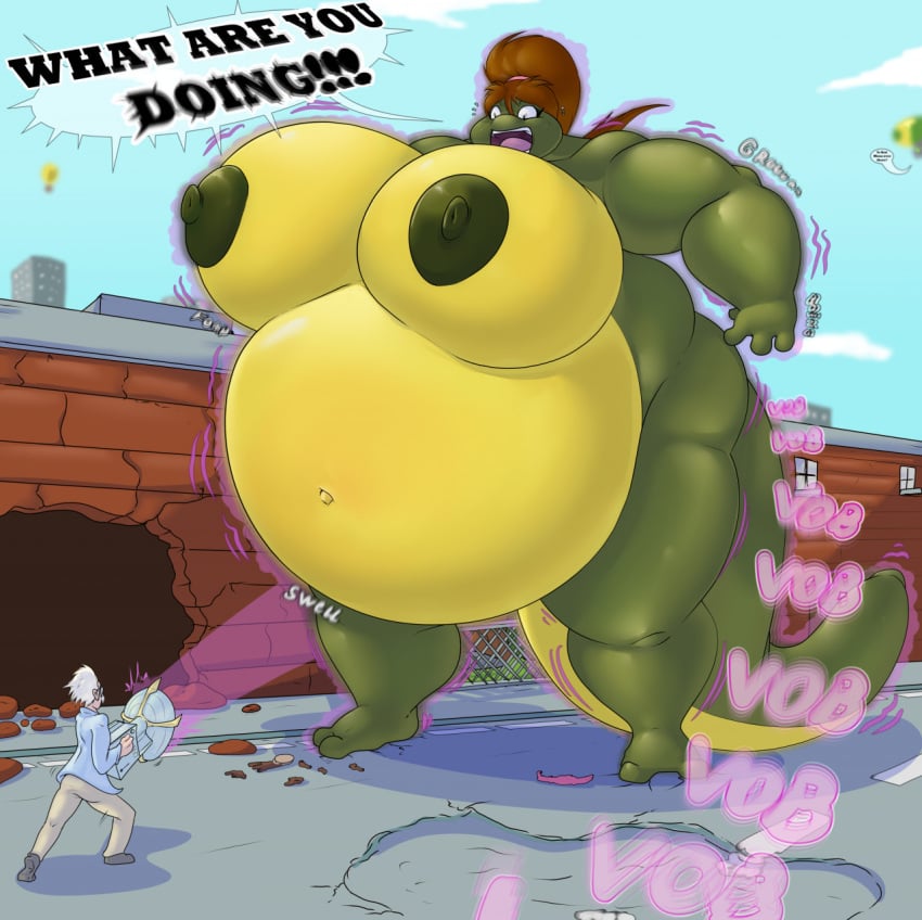 bbw big_belly big_breasts brown_hair giantess growth mona_lisa_(tmnt) mutant nipples shinysteel ssbbw teenage_mutant_ninja_turtles weight_gain