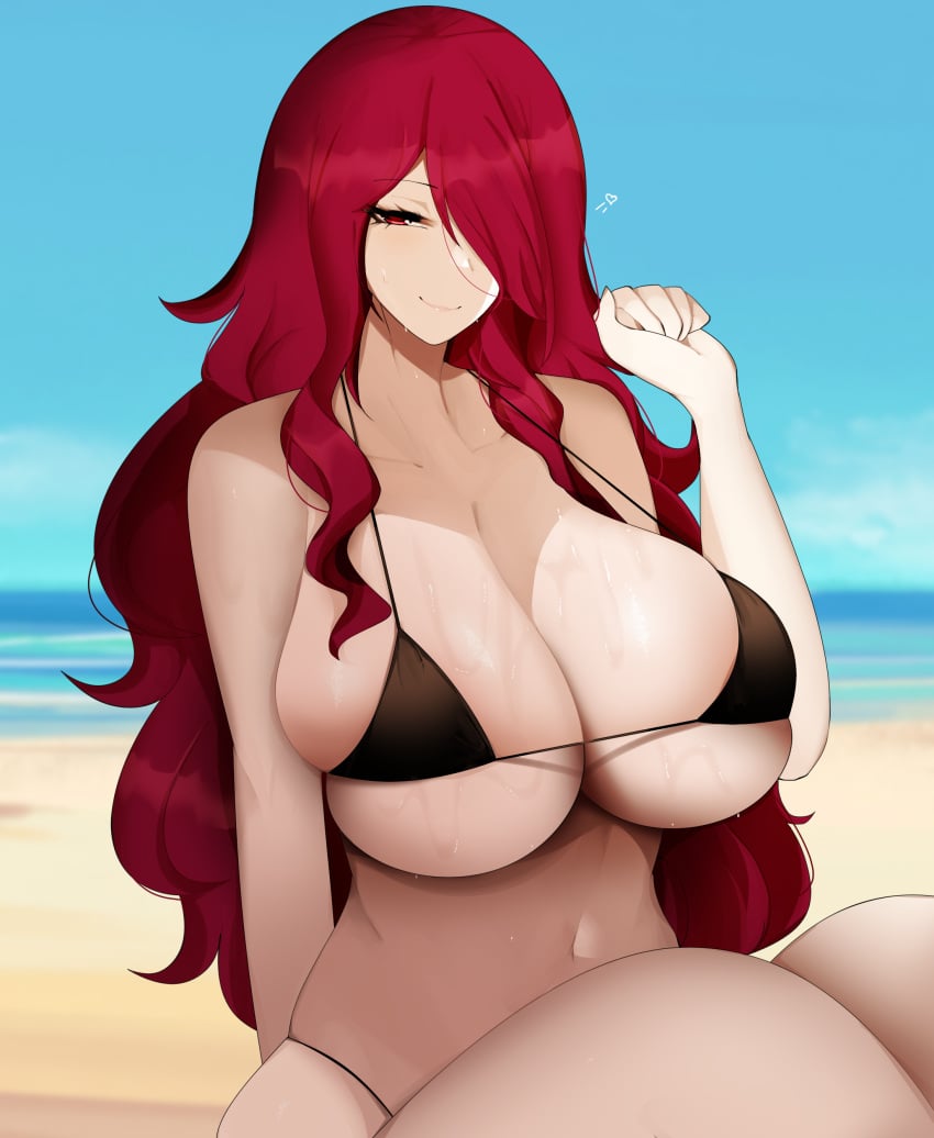 1girls atlus big_breasts bikini bikini_bottom bikini_top black_bikini bottomwear breast_focus breasts cleavage female female_only hair hair_over_one_eye heart huge_breasts large_breasts long_hair looking_at_viewer megami_tensei micro_bikini mitsuru_kirijo pekpekoni persona persona_3 red_eyes red_hair seductive seductive_look skindentation smile solo solo_female swimsuit swimwear topwear wet wet_body