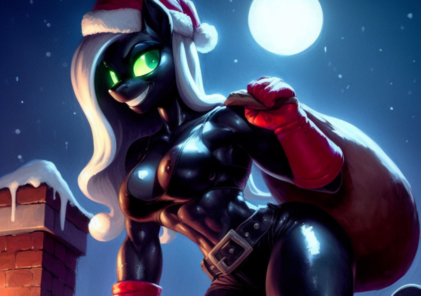 ai_generated anthro christmas christmas_outfit equine female latex rubber rubber_creature rubber_suit santa_costume solo