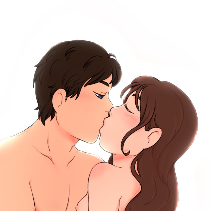 1boy1girl blue_eyes blush breasts brown_hair closed_eyes color colored couple dark_hair digital_drawing_(artwork) digital_media_(artwork) duo female half-closed_eyes hotfiresu human kiss_on_lips kissing lips making_out male male/female male_chest naked naked_female naked_male nipples no_bra nude oc original original_character original_characters passionate straight tan_skin