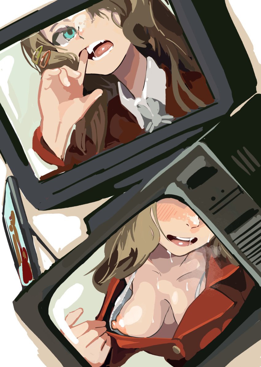 1girls areolae blue_eyes blush bra breasts breasts_apart brown_hair downblouse female finger_in_mouth light-skinned_female light_skin long_hair looking_at_viewer nipples open_mouth presenting_breasts reverse:1999 shirt smile solo teeth television tongue ttt_(reverse:1999) white_bra サ58