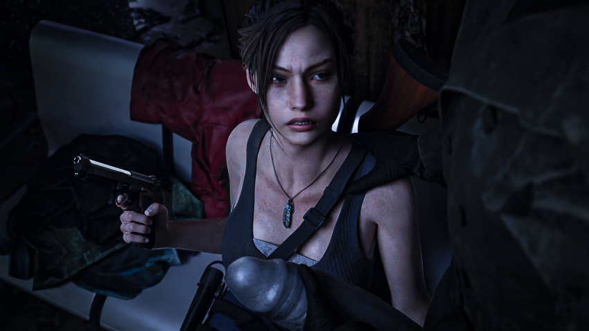 1boy 1girls 3d balls big_penis biohazard blender brown_hair capcom claire_redfield claire_redfield_(jordan_mcewen) clothed clothing duo erect_penis erection grey_penis hand_on_shoulder holding holding_penis holding_weapon huge_cock image light-skinned_female light_skin monster mr_x penis resident_evil resident_evil_2 resident_evil_2_remake sitting tank_top the_qbd tyrant unseen_male_face