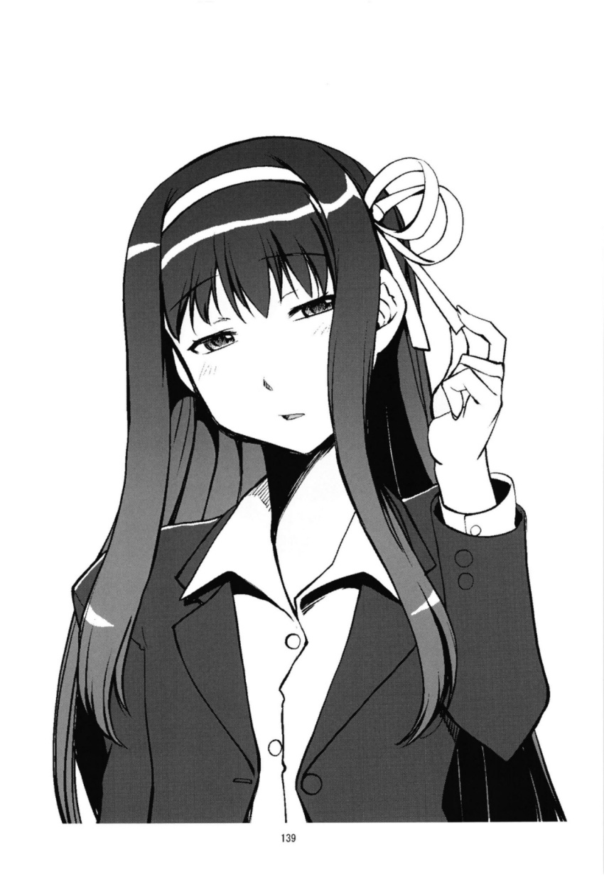 adult aged_up akemi_homura black_and_white black_hair elegant elegant_dress human human_only katamari-ya long_hair looking_at_viewer mahou_shoujo_madoka_magica mature mature_female mature_woman monochrome not_furry office_lady open_eyes puella_magi_madoka_magica ribbon ribbons seductive seductive_eyes seductive_look seductive_smile solo solo_female solo_focus white_background white_skin white_skinned_female young