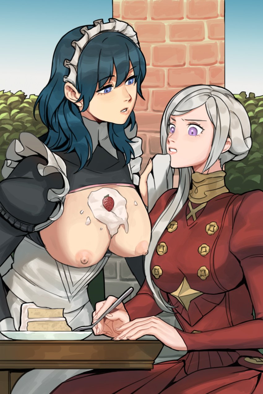 2girls alternate_costume alternate_hairstyle blue_eyes blue_hair breasts_out byleth_(fire_emblem) byleth_(fire_emblem)_(female) cake cleaning distracted eating edelgard_von_hresvelg female female_only fire_emblem fire_emblem:_three_houses food food_play hair_down maid maid_uniform messy mostly_clothed multiple_girls nintendo official_alternate_hairstyle post-timeskip purple_eyes radiostarkiller side_ponytail tits_out white_hair yuri