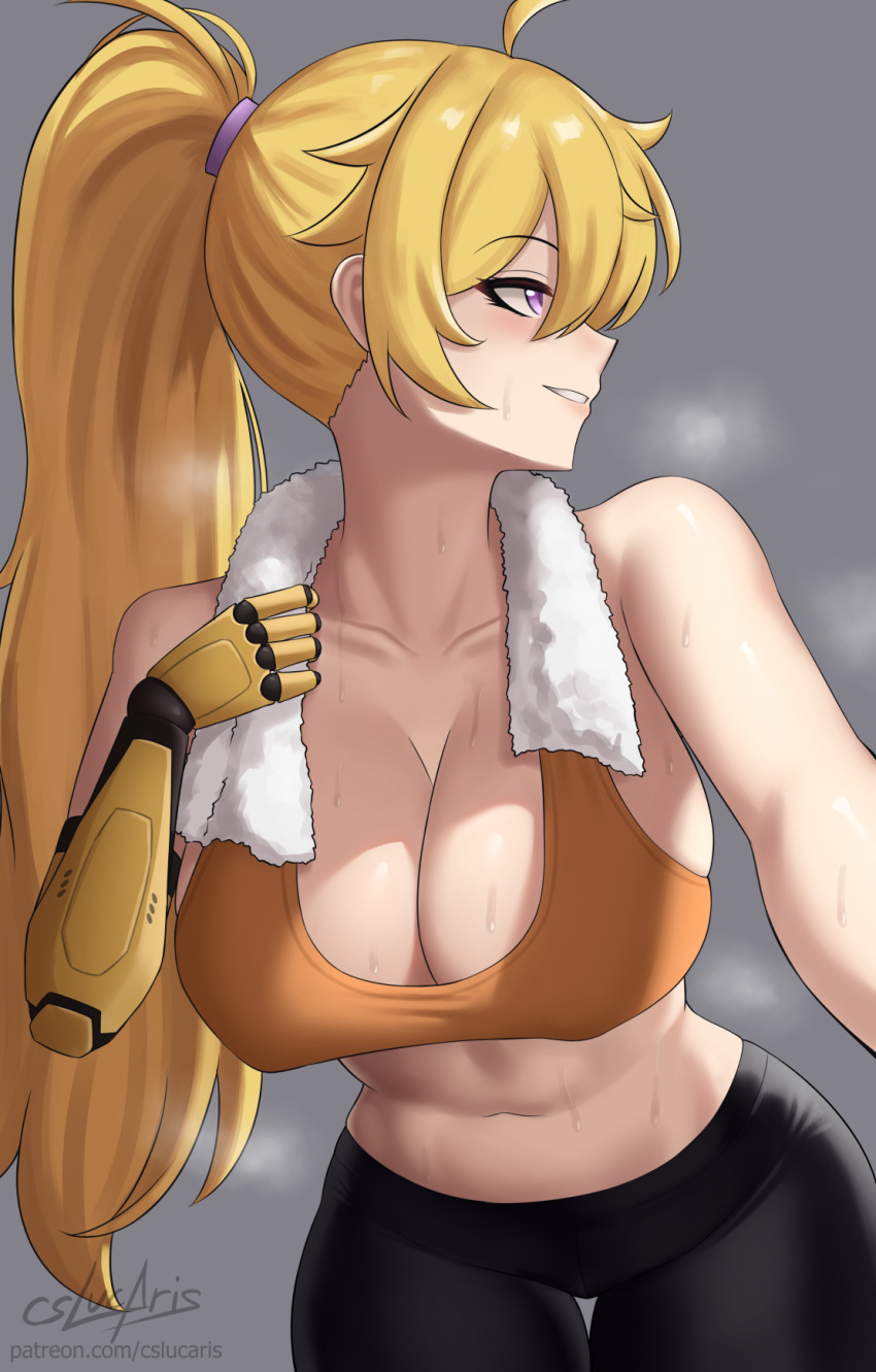 1girls athletic_female big_breasts black_pants blonde_female blonde_hair breasts cslucaris long_hair long_hair_female ponytail purple_eyes robotic_arm rwby solo sports_bra sweat sweaty_body tank_top towel_around_neck yang_xiao_long