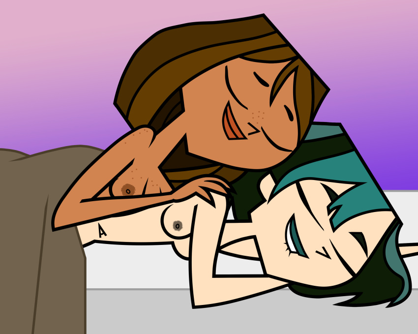 2023 2d 2d_(artwork) 2girls accurate_art_style areola areolae bare_arms bare_breasts bare_midriff bare_shoulders bed belly_button biting_lip bob_cut breasts brown_hair brunette_hair cartoon_network closed_eyes color colored courtney_(tdi) cuddling dark_hair duo duo_female dyed_hair eyebrows female female_only freckles freckles_on_breasts freckles_on_chest freckles_on_face freckles_on_shoulders fresh_tv gradient_background gwen_(tdi) hand_on_shoulder in_bed innie_belly_button j_d_ light-skinned_female light_skin lips lipstick lying lying_on_bed medium_hair naked naked_female navel nipples nude nude_female nudity pale-skinned_female pale_skin purple_background self_upload sleeping sleeping_nude teal_hair teal_lipstick teletoon total_drama_island two_tone_hair uncensored wholesome yuri