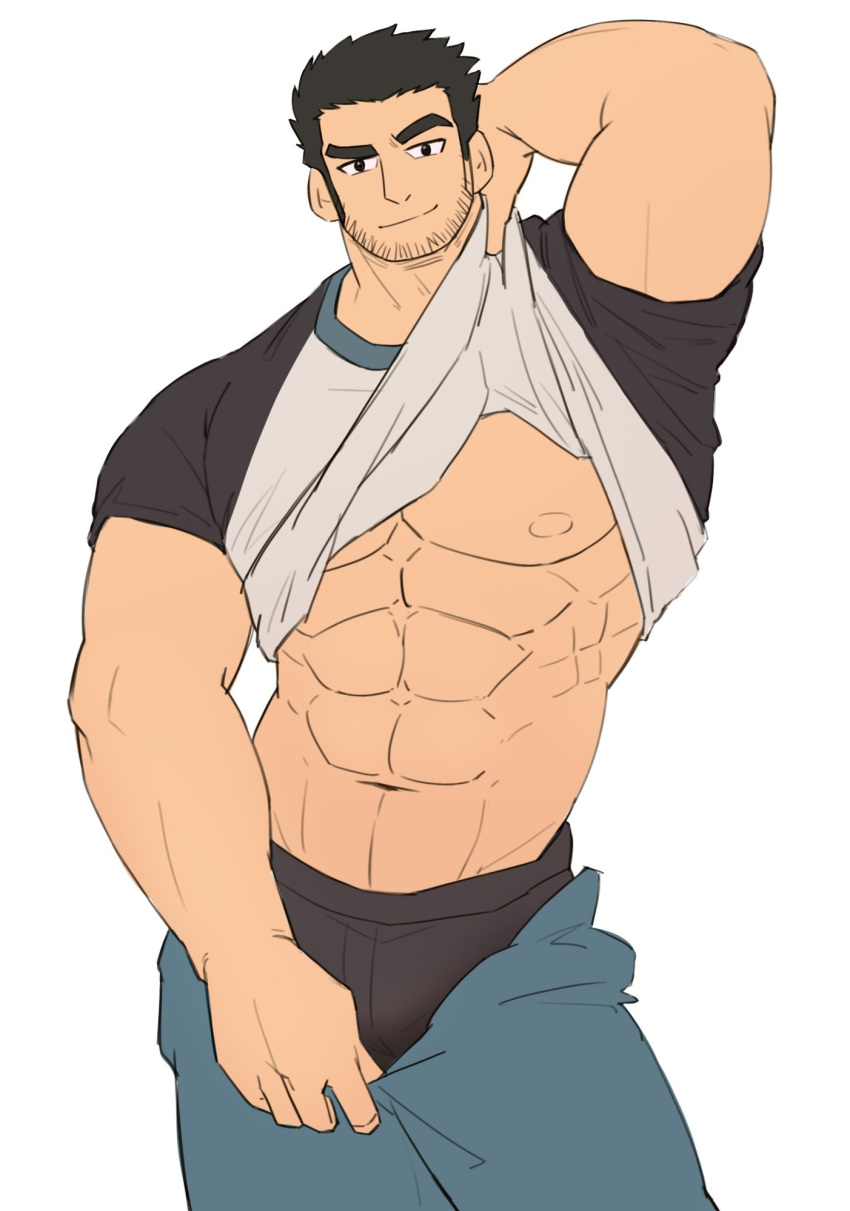 1boy 2001pinggai 2023 abs arm_up bara barazoku beard_stubble big_muscles black_boxers black_hair black_underwear blue_pants boxers bulge clothed clothing facial_hair gay hairy_male human human_only lifting_shirt light-skinned_male light_skin looking_at_viewer lucas_lee male male_focus male_nipples male_only manly muscles muscular muscular_male nipples no_visible_genitalia pants pants_down pecs pectorals scott_pilgrim scott_pilgrim_takes_off shirt_lift shirt_up showing_off simple_background six_pack smirk smirking smirking_at_viewer solo solo_focus solo_male standing thick_eyebrows underwear undressing white_background