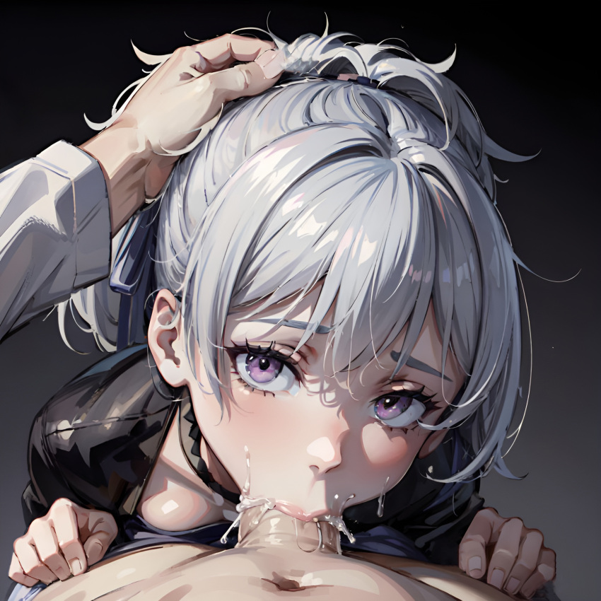 1girls ai_generated arbitrary blowjob cleavage cum cum_in_mouth darker_than_black deepthroat emotionless fellatio forced_oral hi_res kuudere looking_at_viewer oral oral_creampie penis_in_mouth ponytail pov pov_eye_contact silver_hair small_breasts stable_diffusion throat_fuck violet_eyes yin_(darker_than_black)